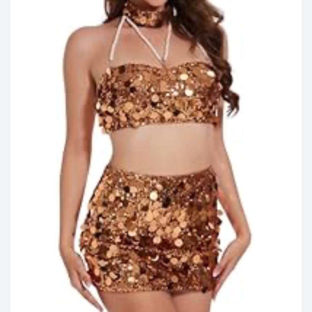 NWT NIKBK Two Pieces Sequin Dots Crop Top Sparkly Mini Skirt Nightclub Outfit